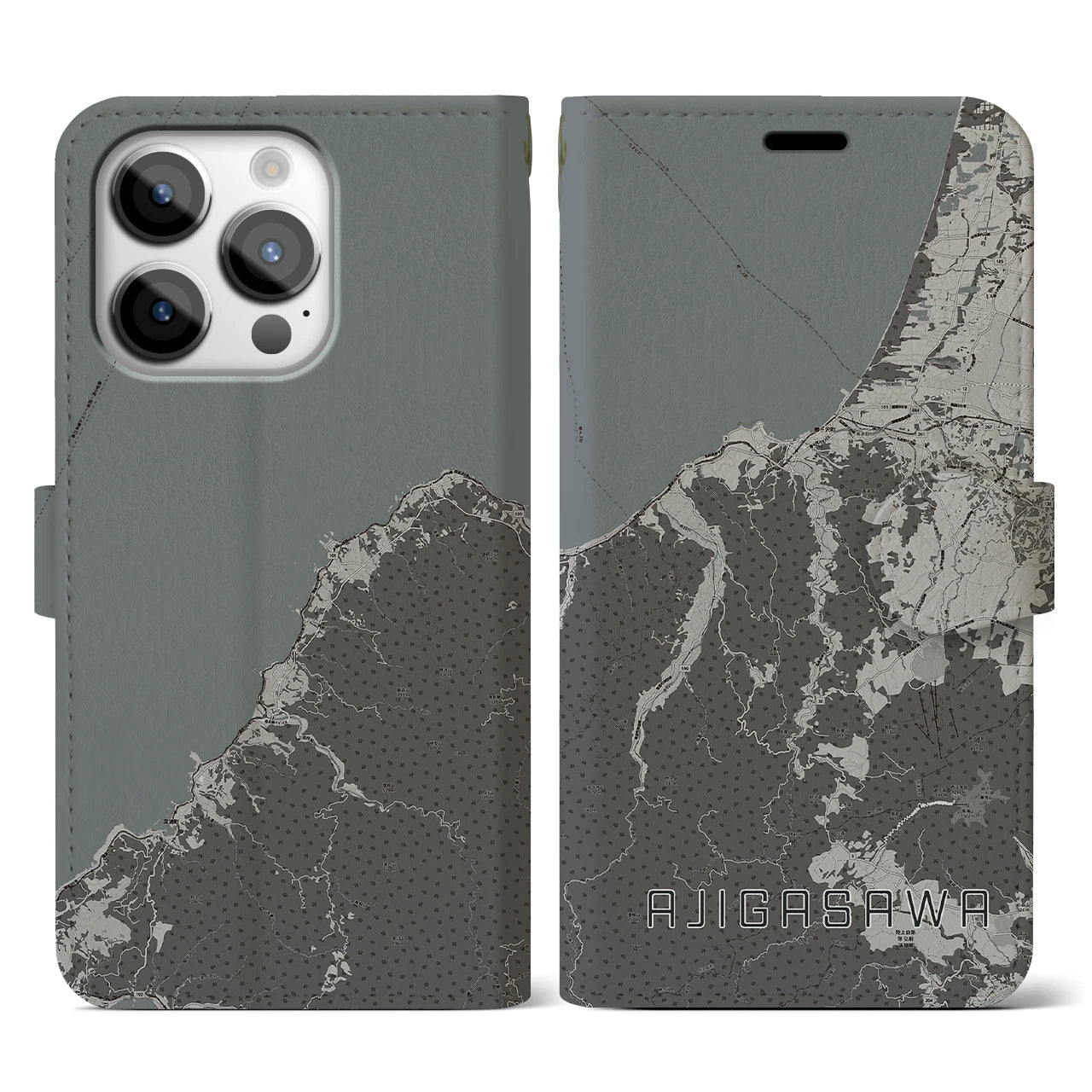 【鰺ヶ沢(青森県)】地図柄iPhoneケース(手帳タイプ)モノトーン・iPhone 14 Pro 用