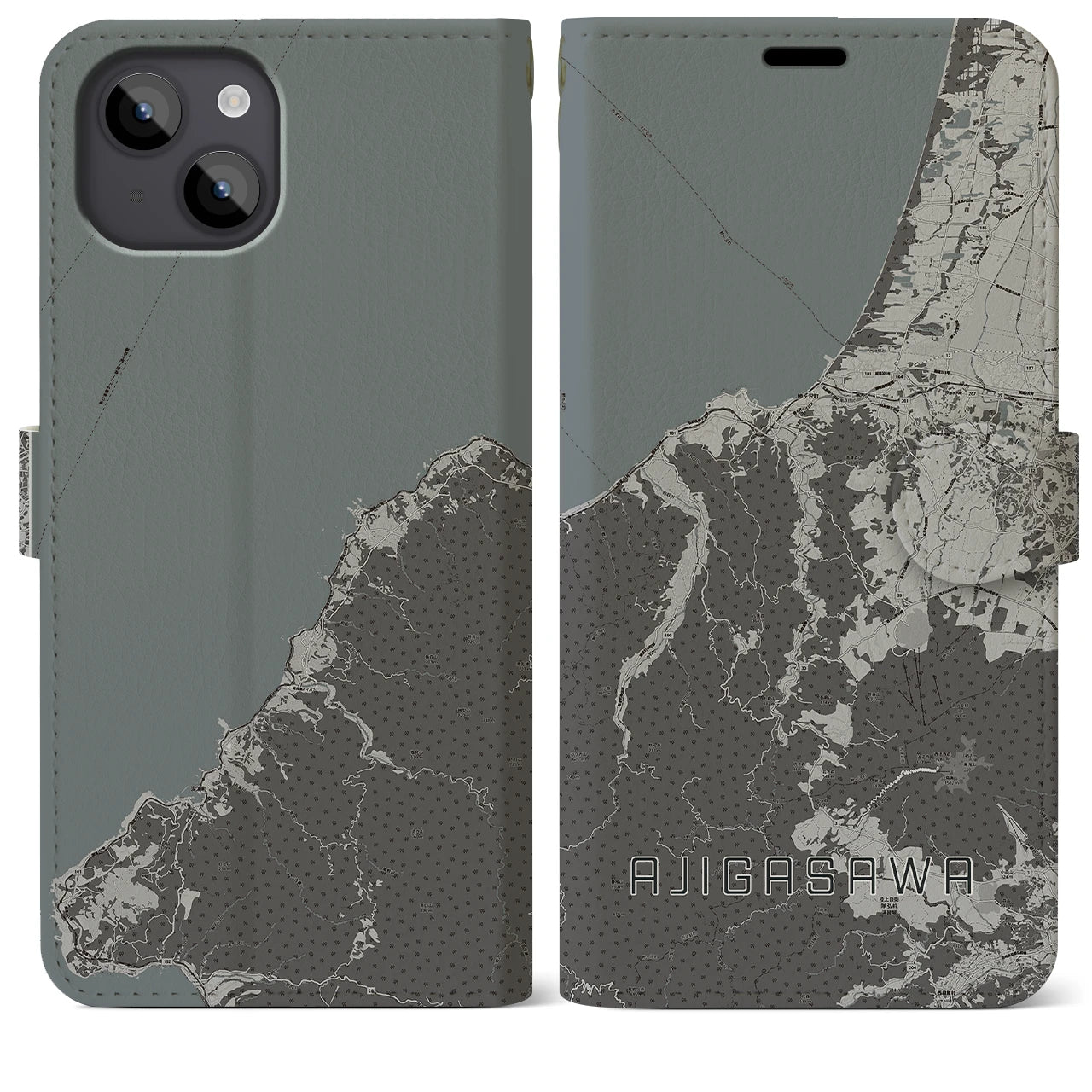 【鰺ヶ沢(青森県)】地図柄iPhoneケース(手帳タイプ)モノトーン・iPhone 14 Plus 用