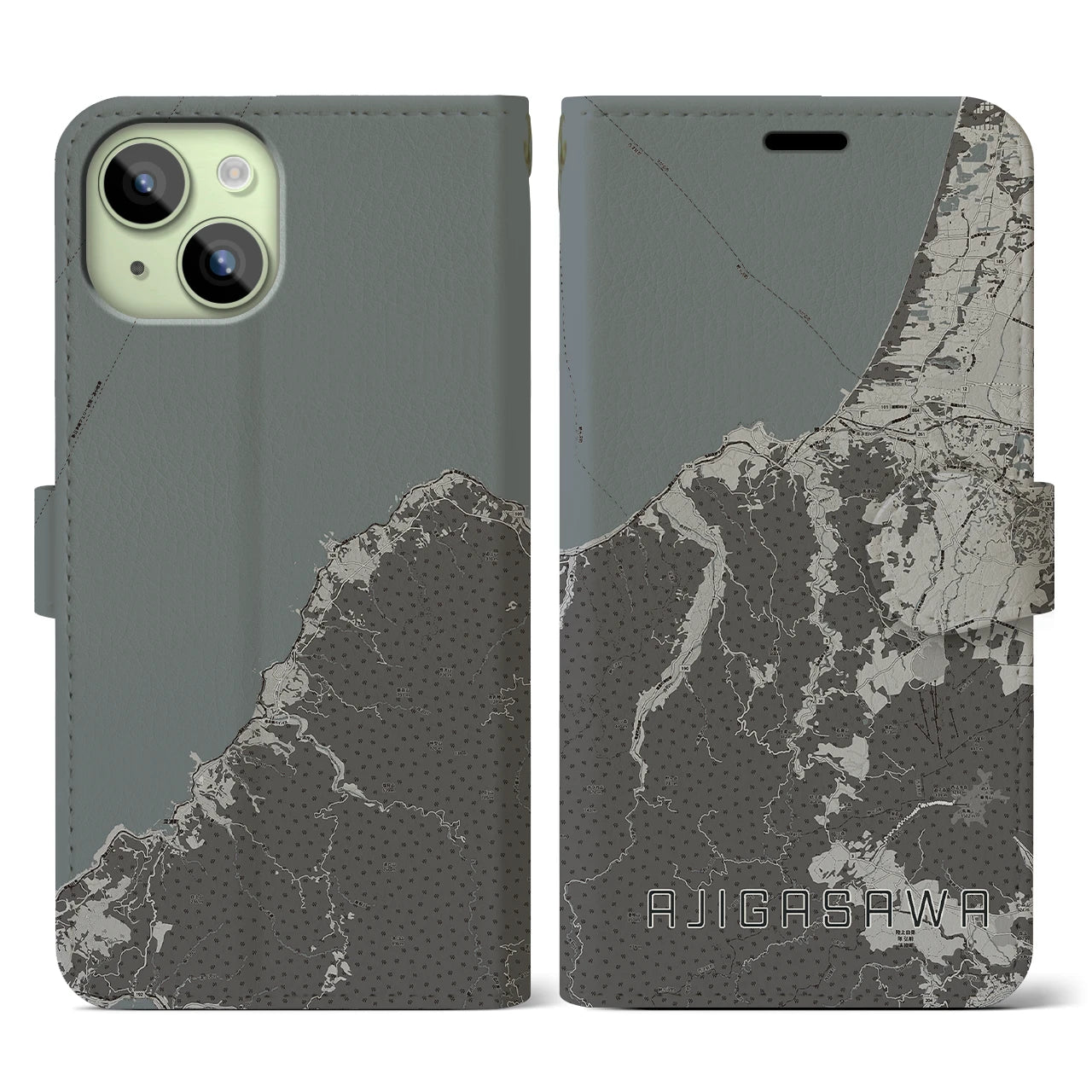 【鰺ヶ沢(青森県)】地図柄iPhoneケース(手帳タイプ)モノトーン・iPhone 15 用