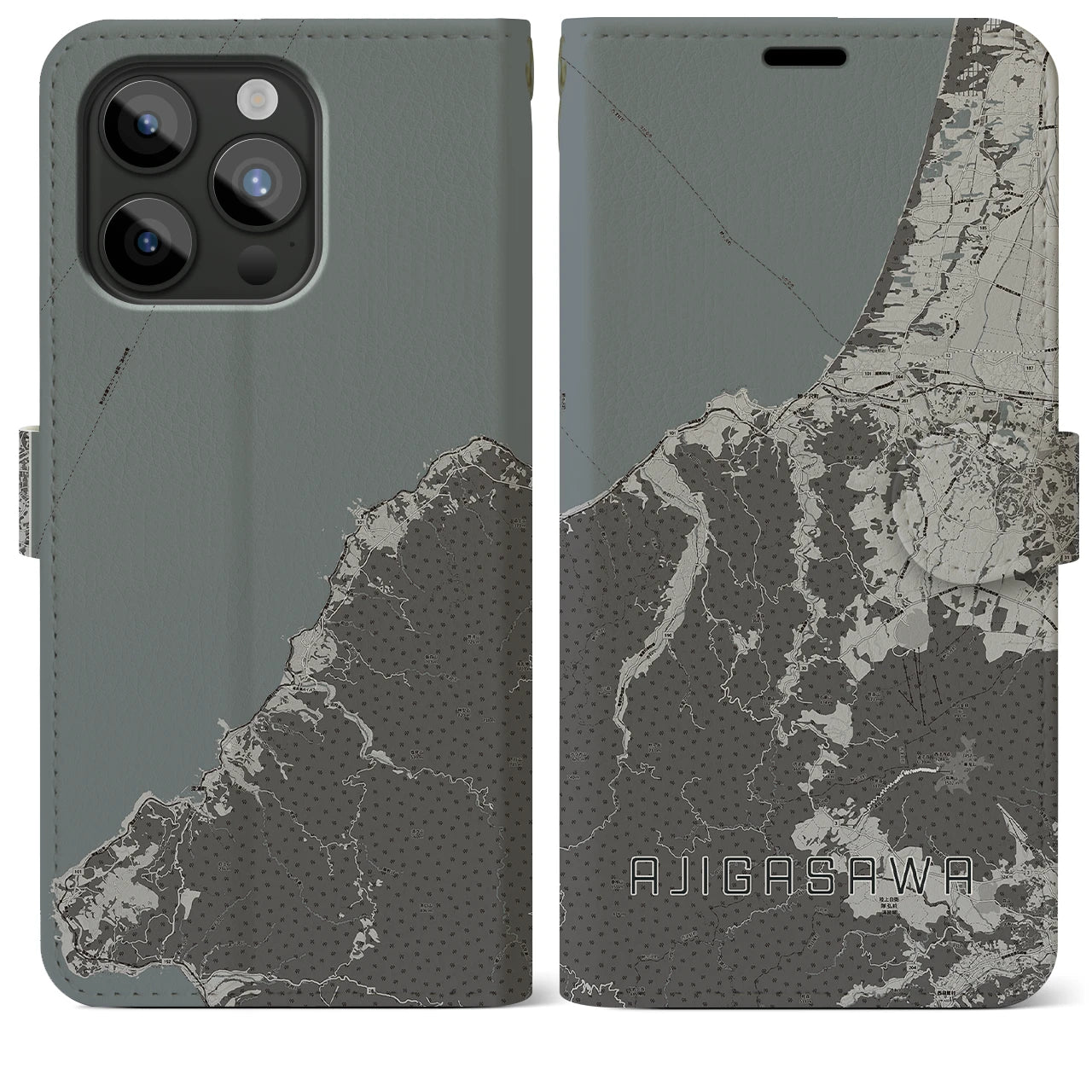 【鰺ヶ沢(青森県)】地図柄iPhoneケース(手帳タイプ)モノトーン・iPhone 15 Pro Max 用