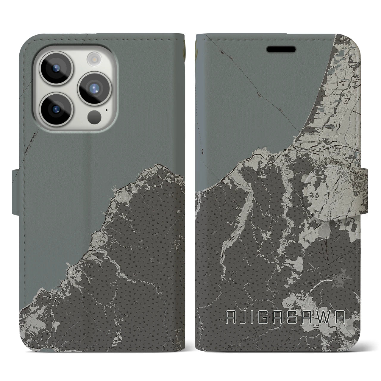 【鰺ヶ沢(青森県)】地図柄iPhoneケース(手帳タイプ)モノトーン・iPhone 15 Pro 用