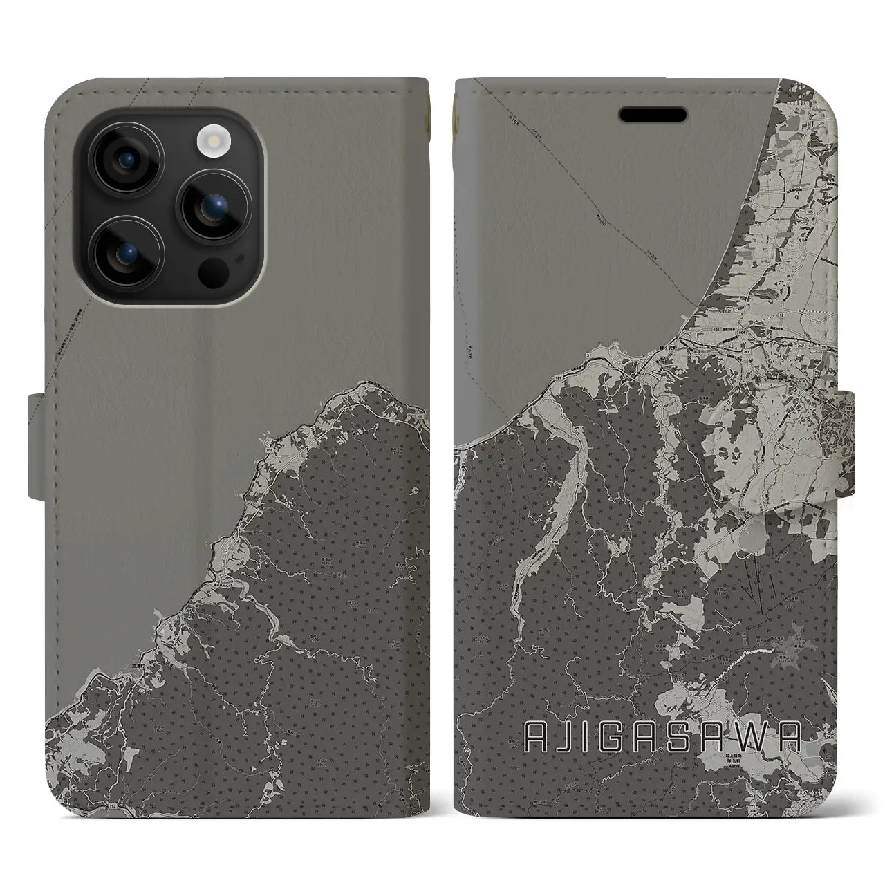 【鰺ヶ沢(青森県)】地図柄iPhoneケース(手帳タイプ)モノトーン・iPhone 16 用