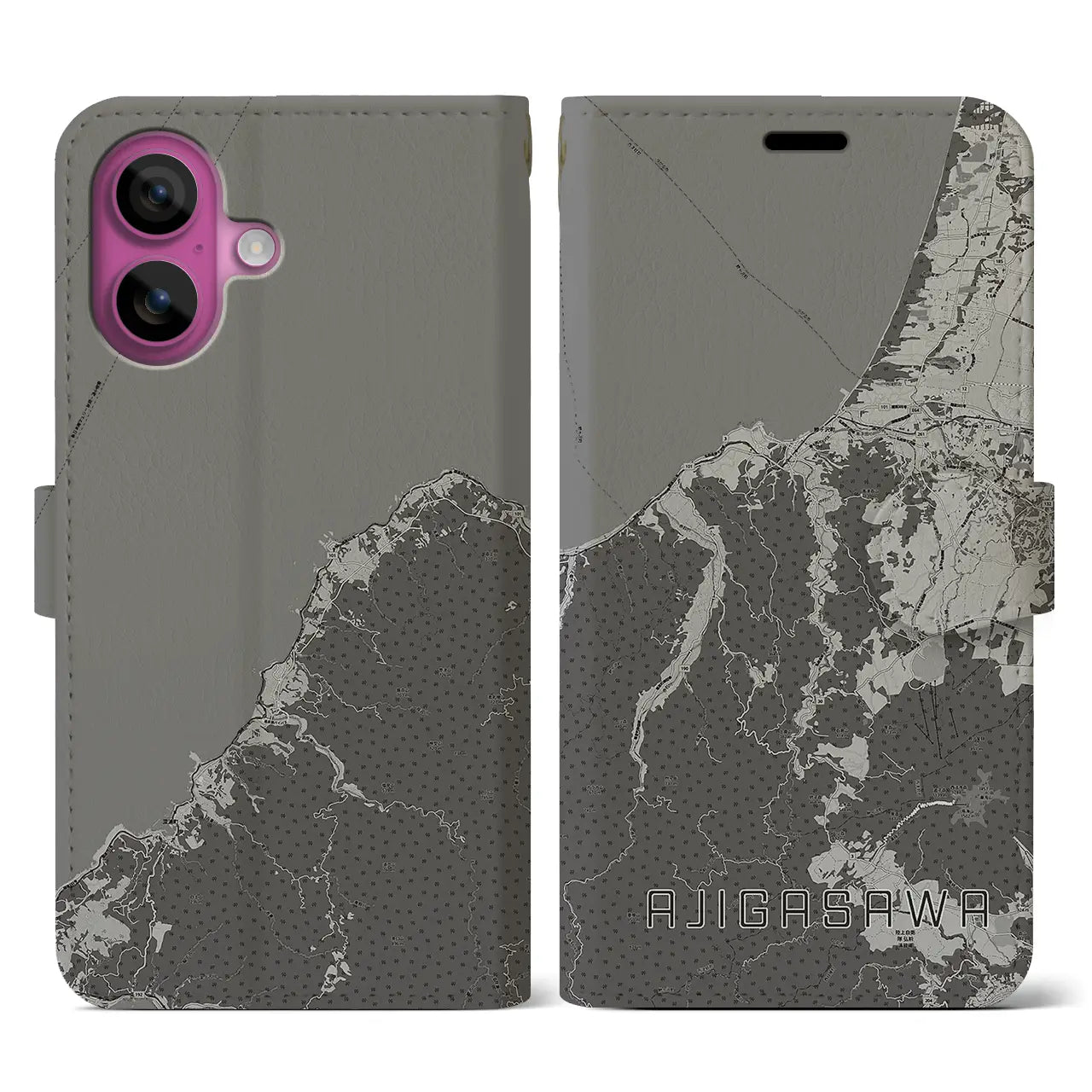 【鰺ヶ沢(青森県)】地図柄iPhoneケース(手帳タイプ)モノトーン・iPhone 16 Pro 用