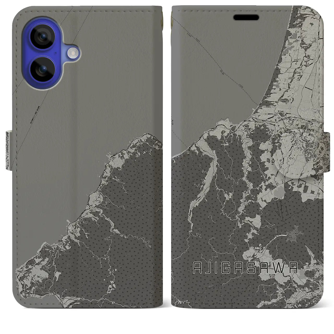 【鰺ヶ沢(青森県)】地図柄iPhoneケース(手帳タイプ)モノトーン・iPhone 16 Pro Max 用