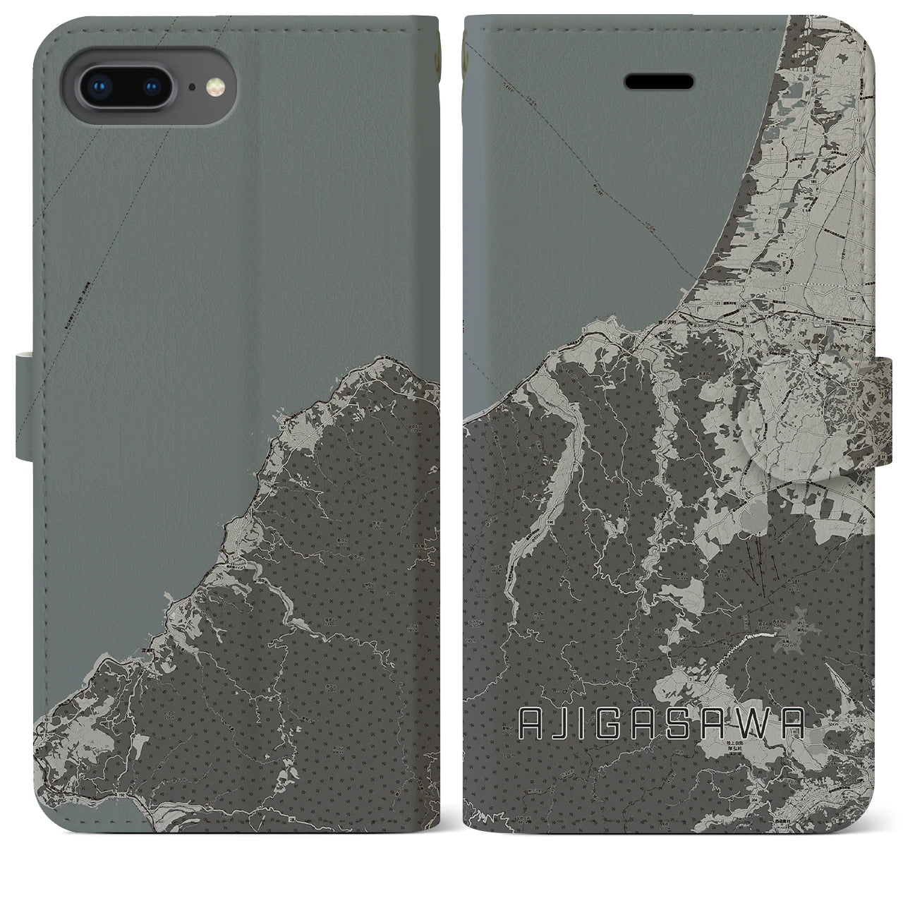 【鰺ヶ沢(青森県)】地図柄iPhoneケース(手帳タイプ)モノトーン・iPhone 8Plus /7Plus / 6sPlus / 6Plus 用