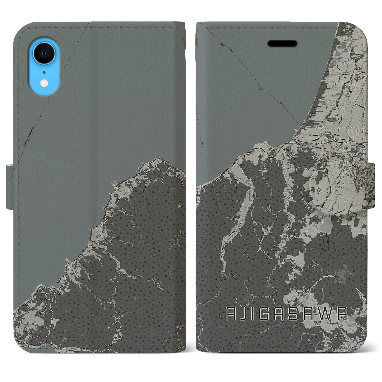 【鰺ヶ沢(青森県)】地図柄iPhoneケース(手帳タイプ)モノトーン・iPhone XR 用