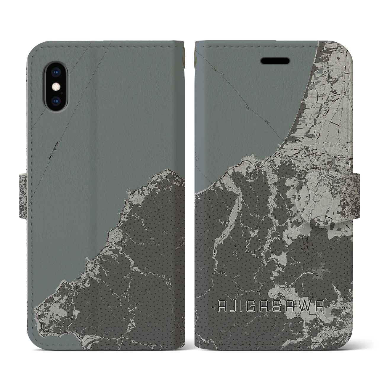 【鰺ヶ沢(青森県)】地図柄iPhoneケース(手帳タイプ)モノトーン・iPhone XS / X 用