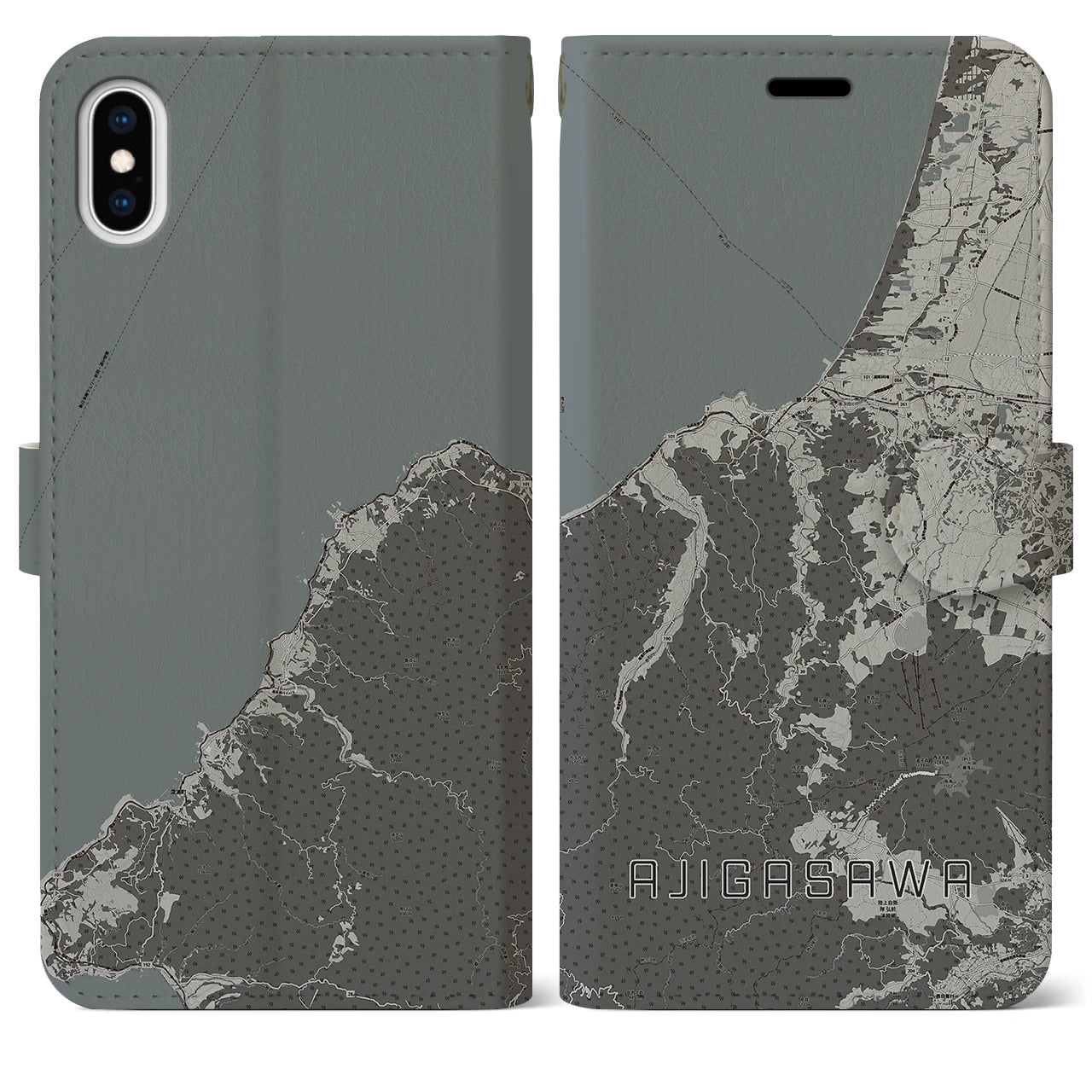 【鰺ヶ沢(青森県)】地図柄iPhoneケース(手帳タイプ)モノトーン・iPhone XS Max 用