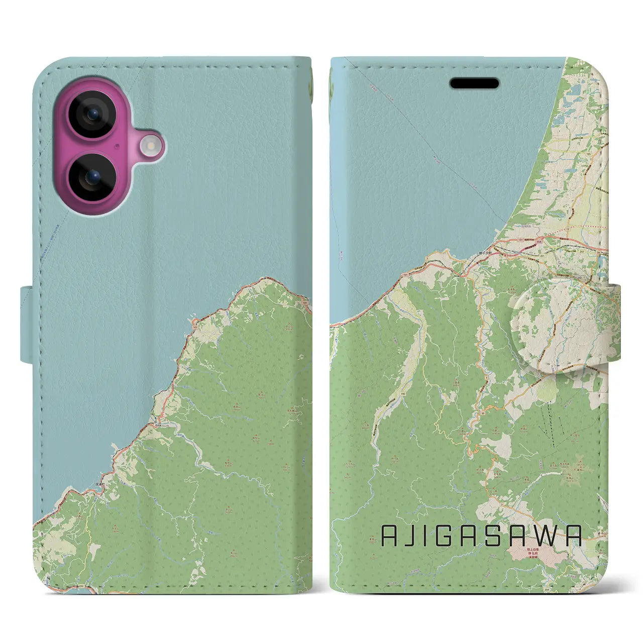 【鰺ヶ沢(青森県)】地図柄iPhoneケース(手帳タイプ)ナチュラル・iPhone 16 Pro 用