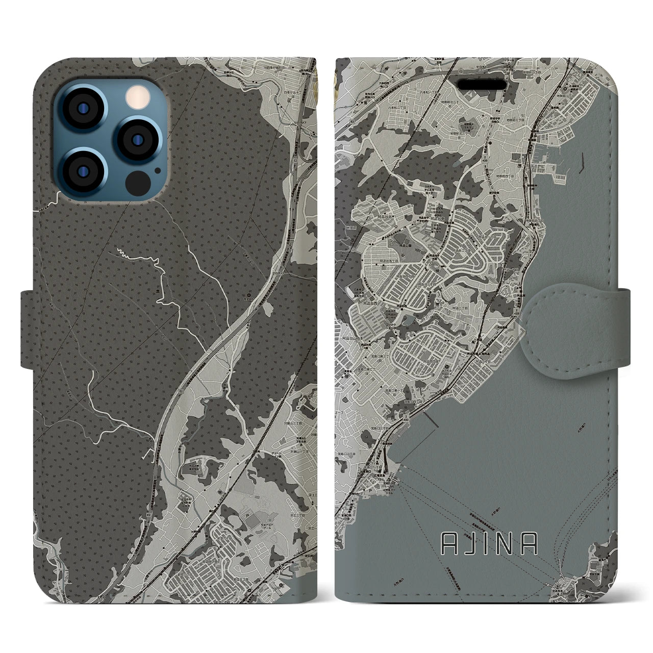 【阿品(広島県)】地図柄iPhoneケース(手帳タイプ)モノトーン・iPhone 12 / 12 Pro 用