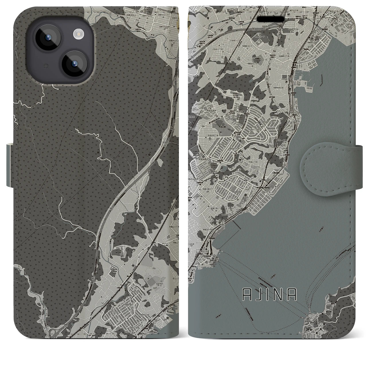 【阿品(広島県)】地図柄iPhoneケース(手帳タイプ)モノトーン・iPhone 14 Plus 用