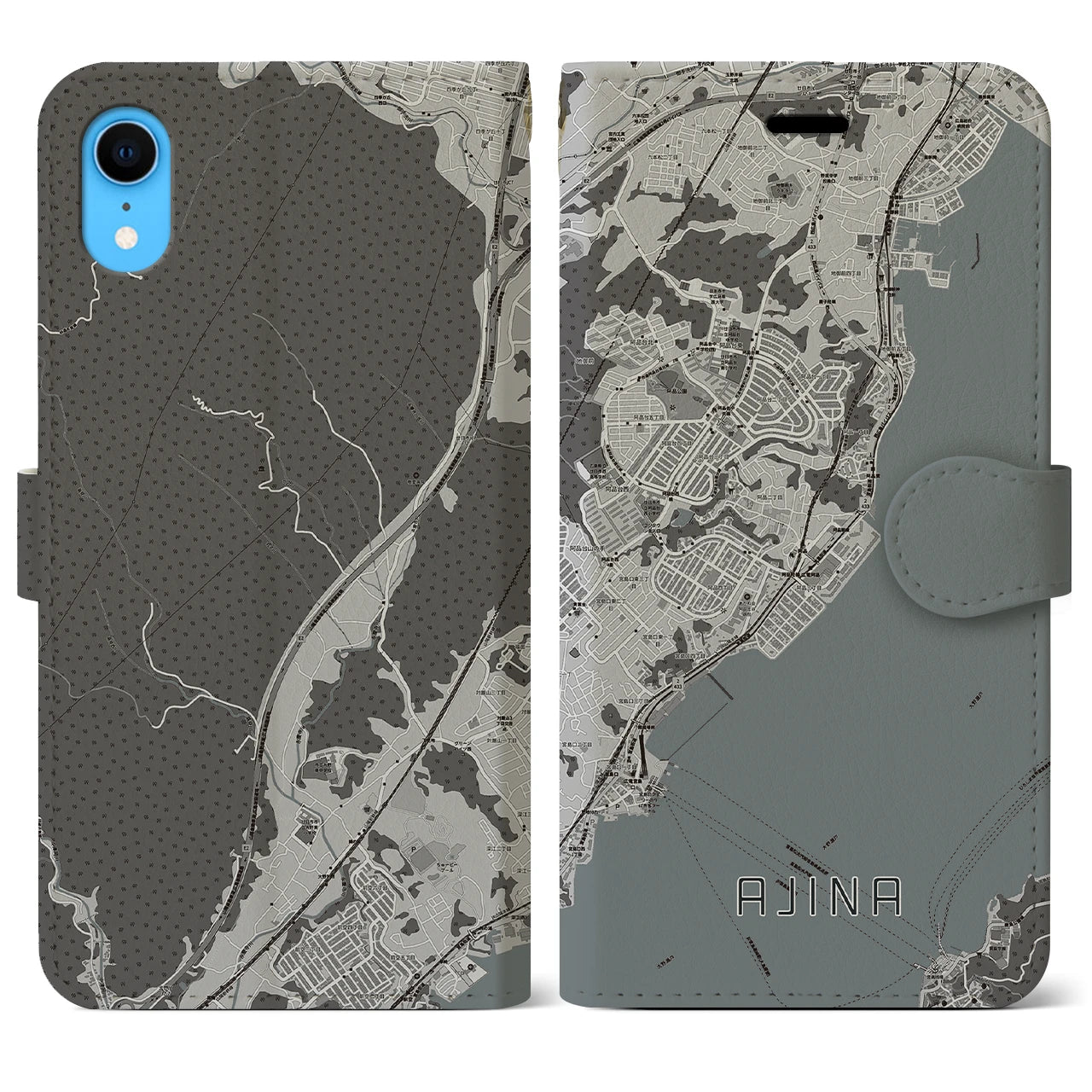 【阿品(広島県)】地図柄iPhoneケース(手帳タイプ)モノトーン・iPhone XR 用