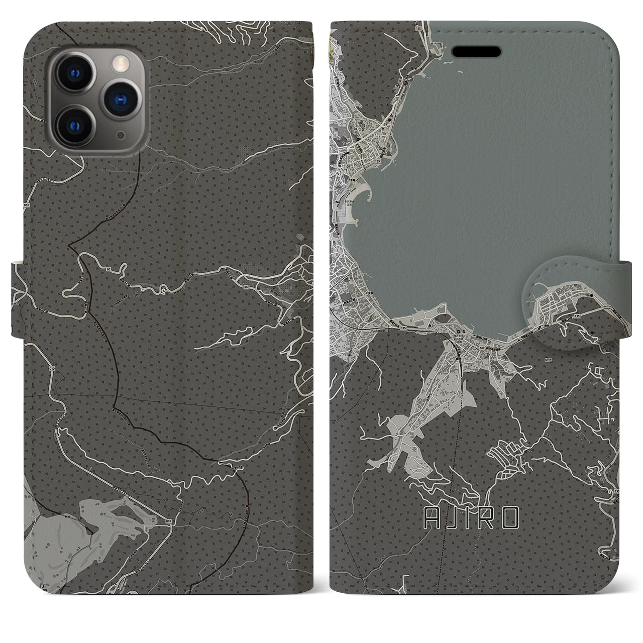 【網代(静岡県)】地図柄iPhoneケース(手帳タイプ)モノトーン・iPhone 11 Pro Max 用