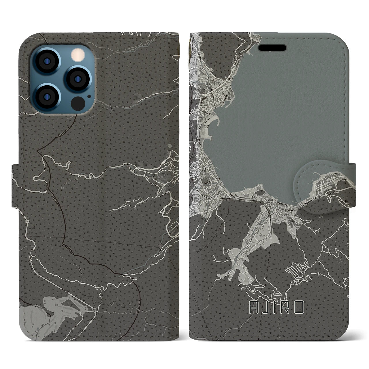【網代(静岡県)】地図柄iPhoneケース(手帳タイプ)モノトーン・iPhone 12 / 12 Pro 用