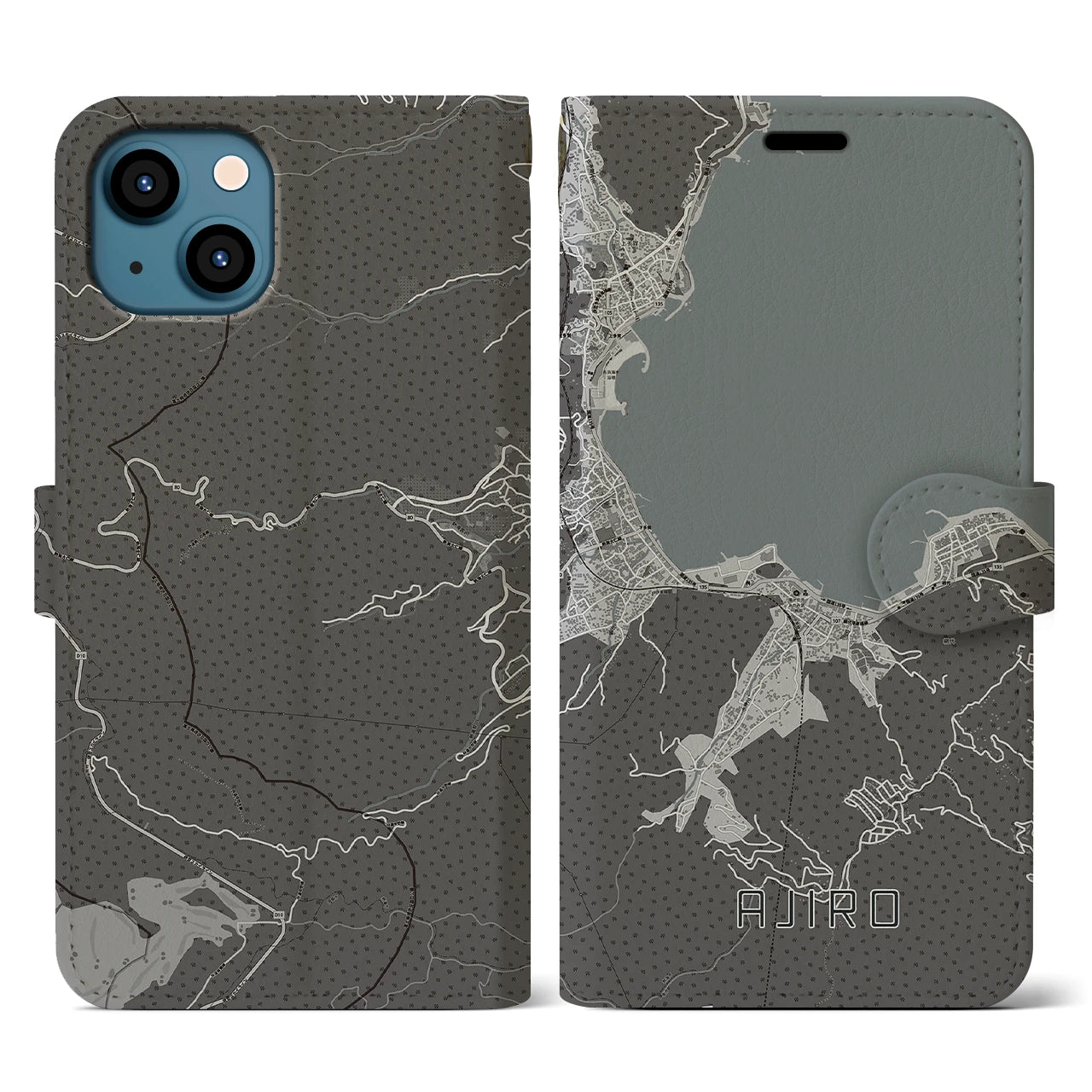 【網代(静岡県)】地図柄iPhoneケース(手帳タイプ)モノトーン・iPhone 13 用