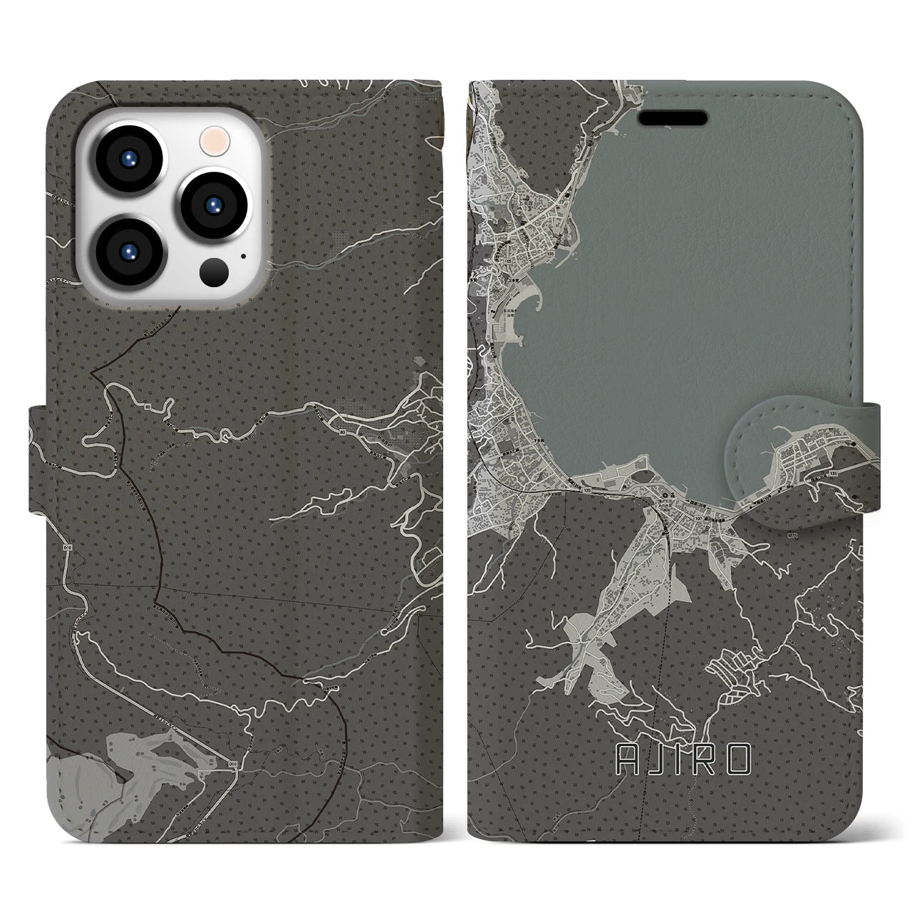 【網代(静岡県)】地図柄iPhoneケース(手帳タイプ)モノトーン・iPhone 13 Pro 用