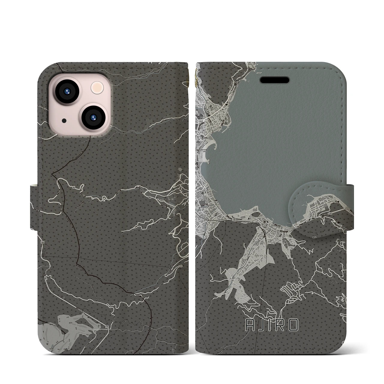 【網代(静岡県)】地図柄iPhoneケース(手帳タイプ)モノトーン・iPhone 13 mini 用