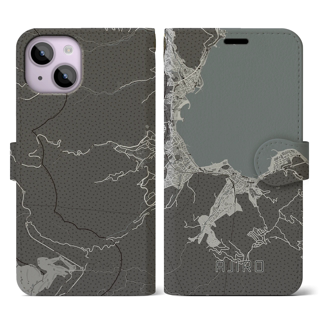 【網代(静岡県)】地図柄iPhoneケース(手帳タイプ)モノトーン・iPhone 14 用