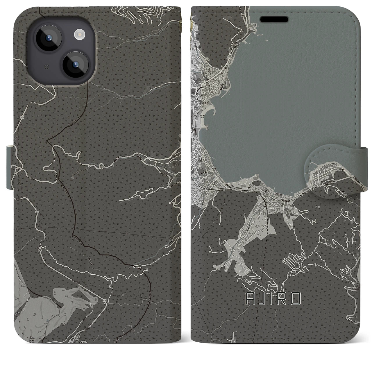 【網代(静岡県)】地図柄iPhoneケース(手帳タイプ)モノトーン・iPhone 14 Plus 用