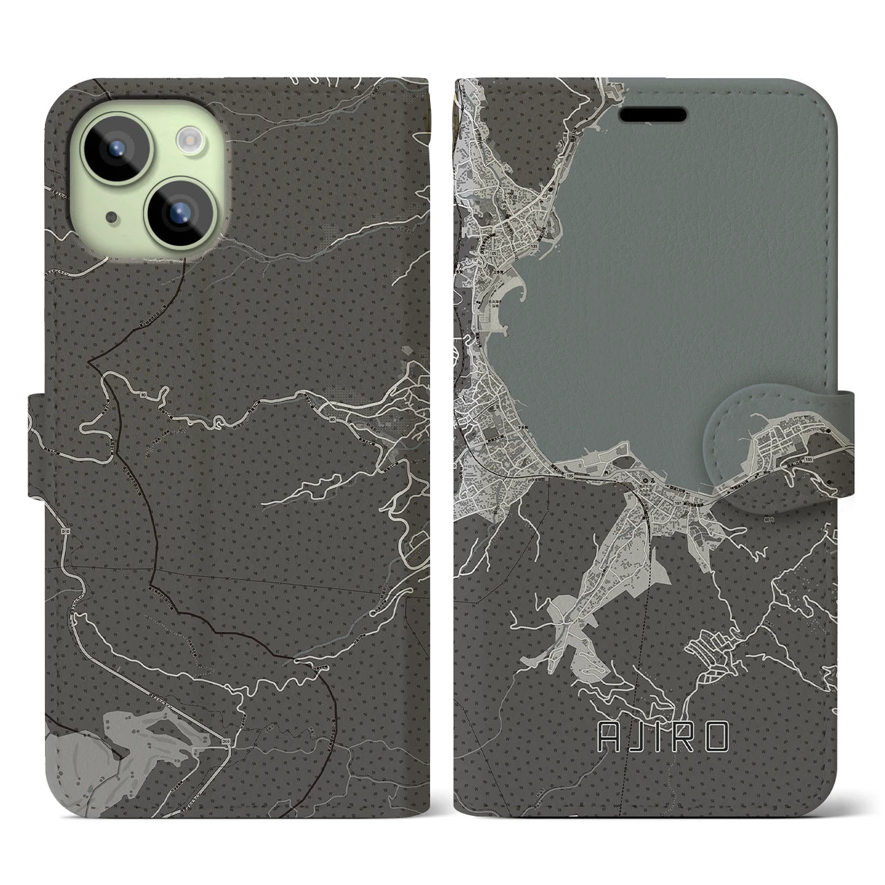 【網代(静岡県)】地図柄iPhoneケース(手帳タイプ)モノトーン・iPhone 15 用