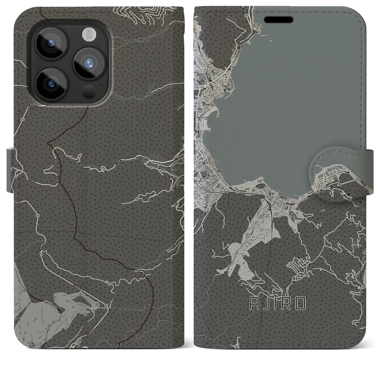【網代(静岡県)】地図柄iPhoneケース(手帳タイプ)モノトーン・iPhone 15 Pro Max 用