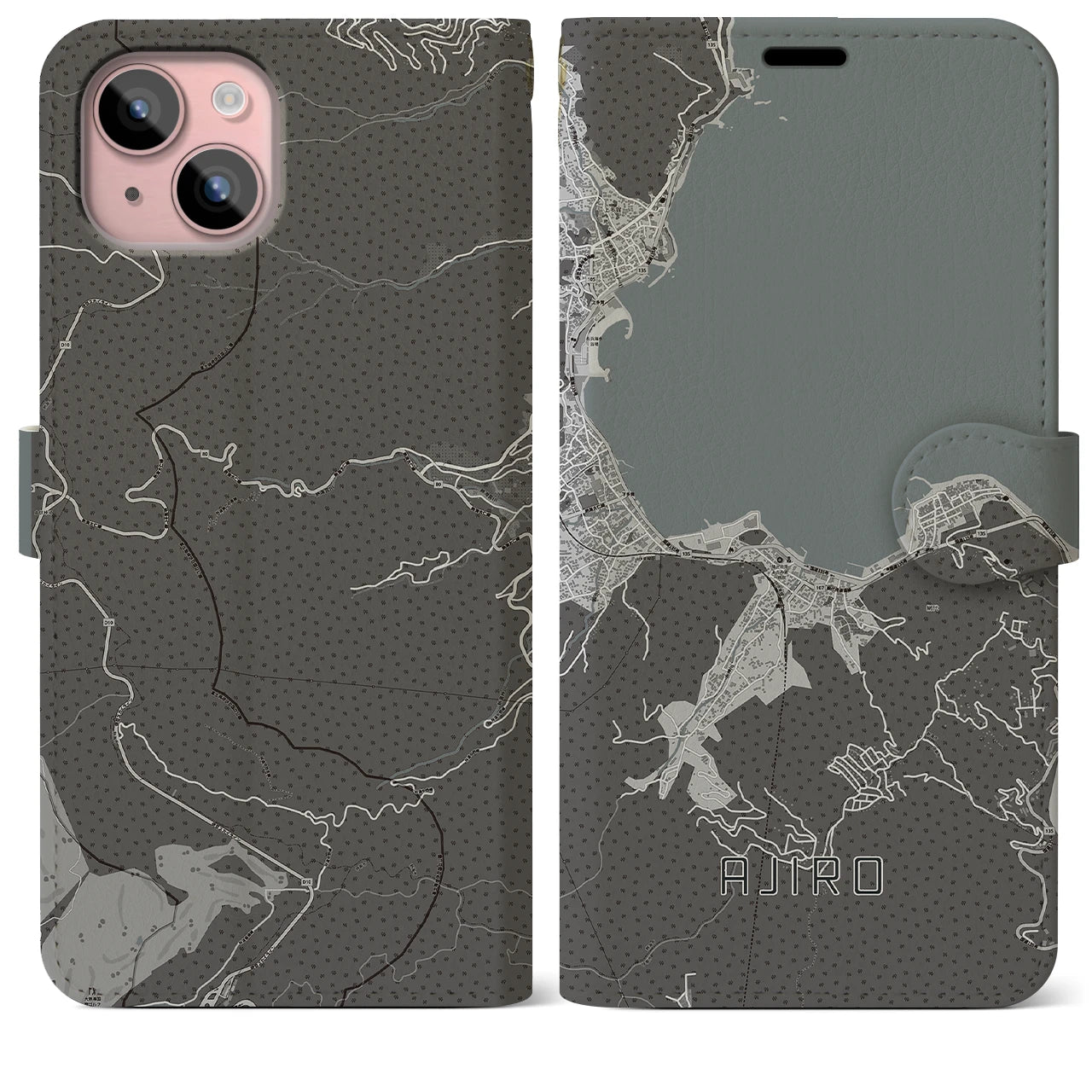 【網代(静岡県)】地図柄iPhoneケース(手帳タイプ)モノトーン・iPhone 15 Plus 用