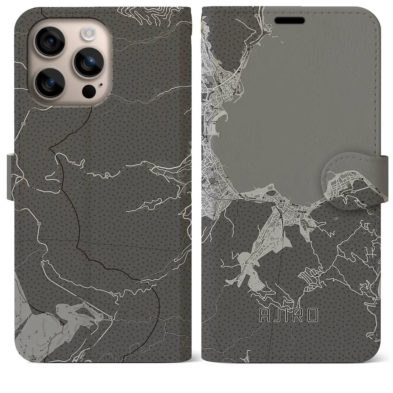 【網代(静岡県)】地図柄iPhoneケース(手帳タイプ)モノトーン・iPhone 16 Plus 用