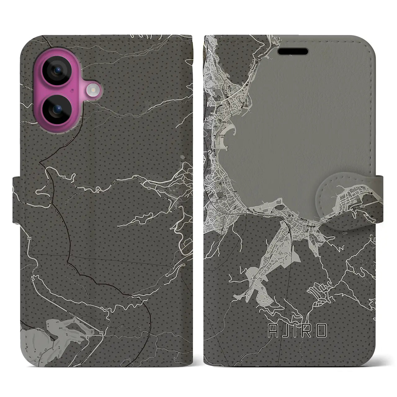 【網代(静岡県)】地図柄iPhoneケース(手帳タイプ)モノトーン・iPhone 16 Pro 用