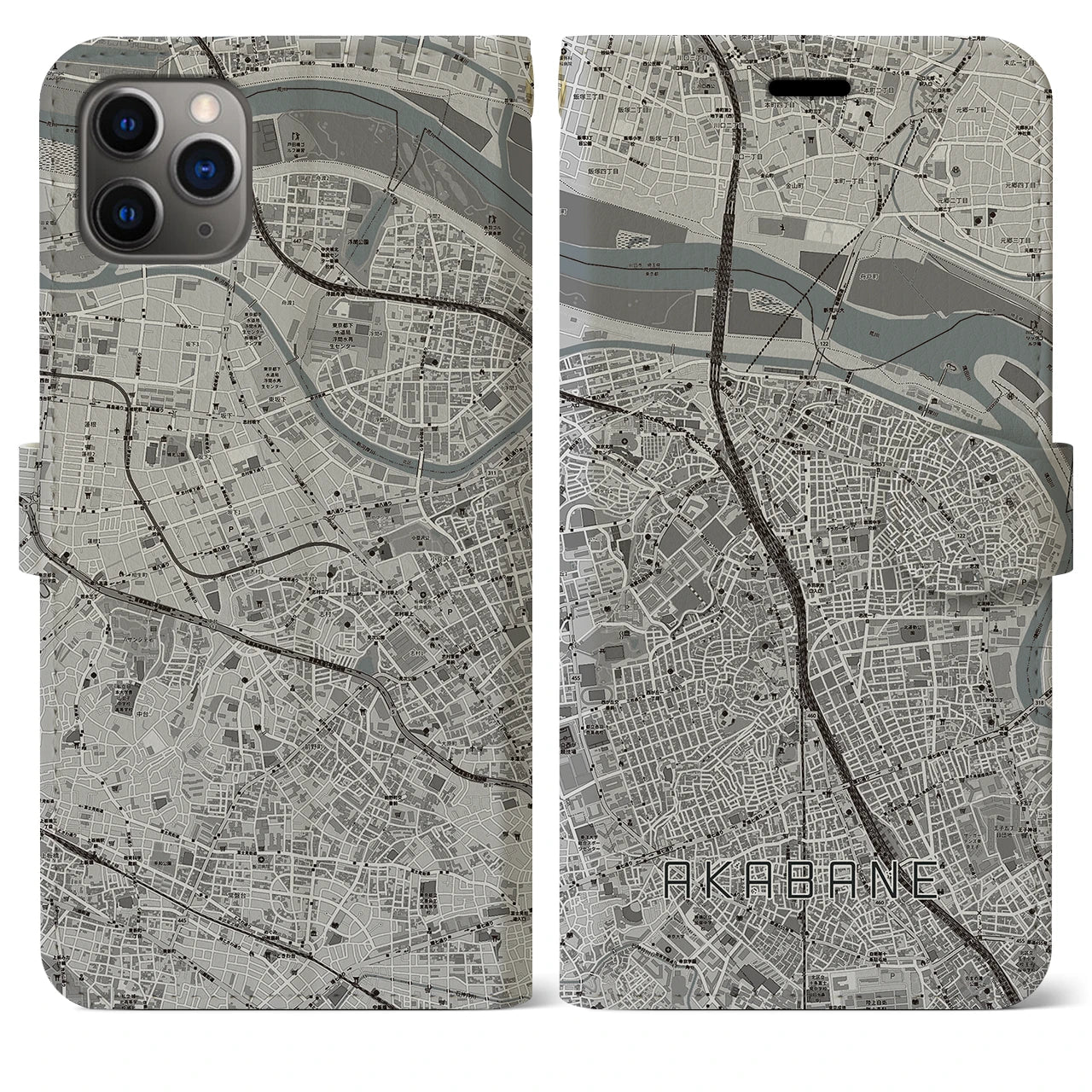 【赤羽(東京都)】地図柄iPhoneケース(手帳タイプ)モノトーン・iPhone 11 Pro Max 用