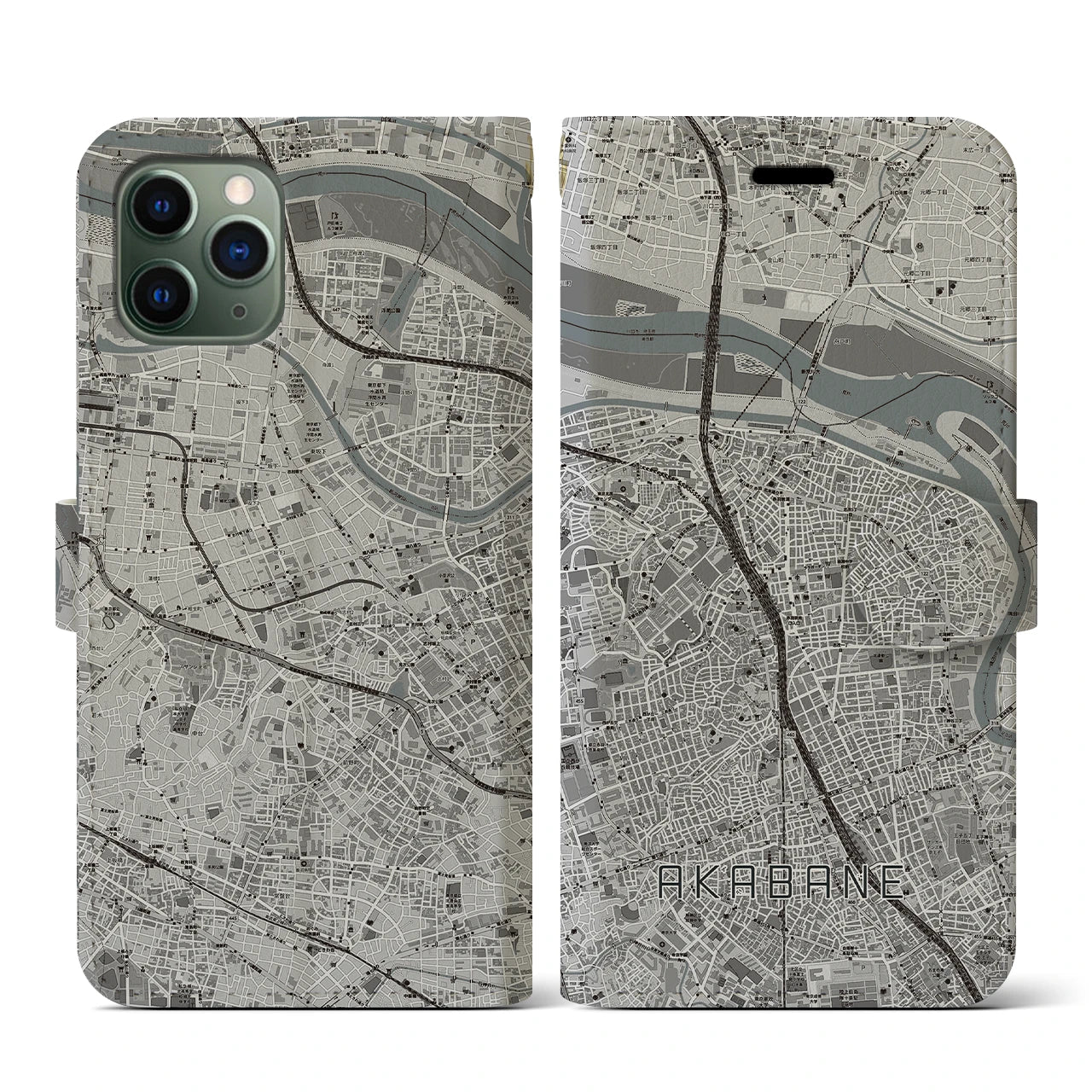 【赤羽(東京都)】地図柄iPhoneケース(手帳タイプ)モノトーン・iPhone 11 Pro 用