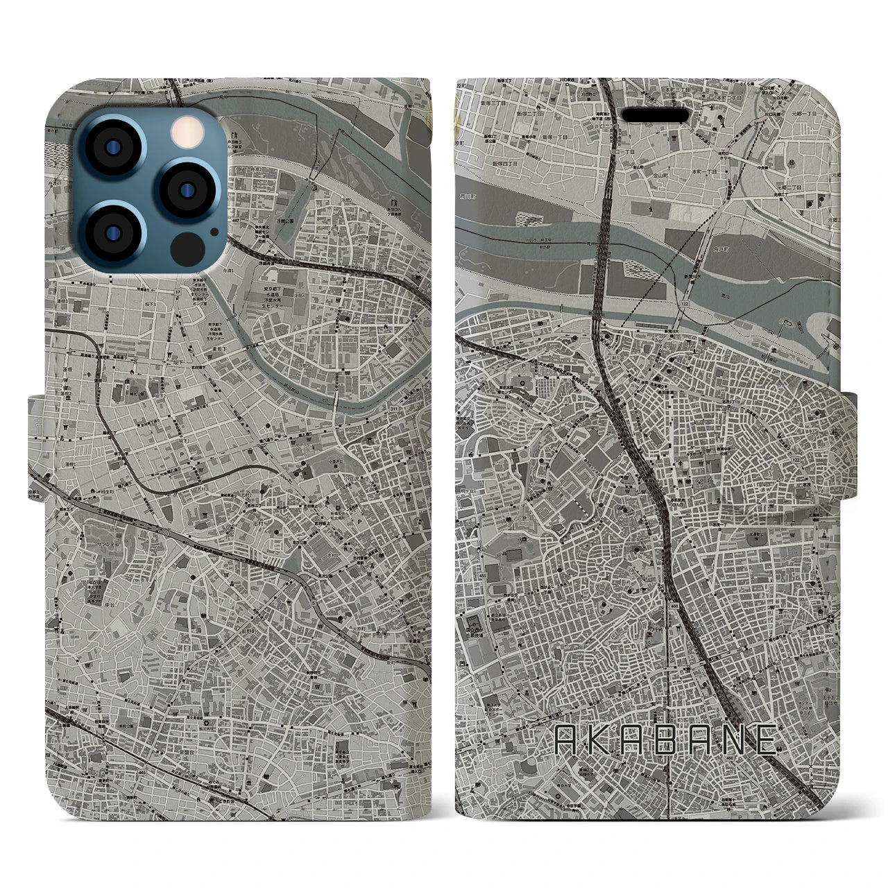 【赤羽(東京都)】地図柄iPhoneケース(手帳タイプ)モノトーン・iPhone 12 / 12 Pro 用