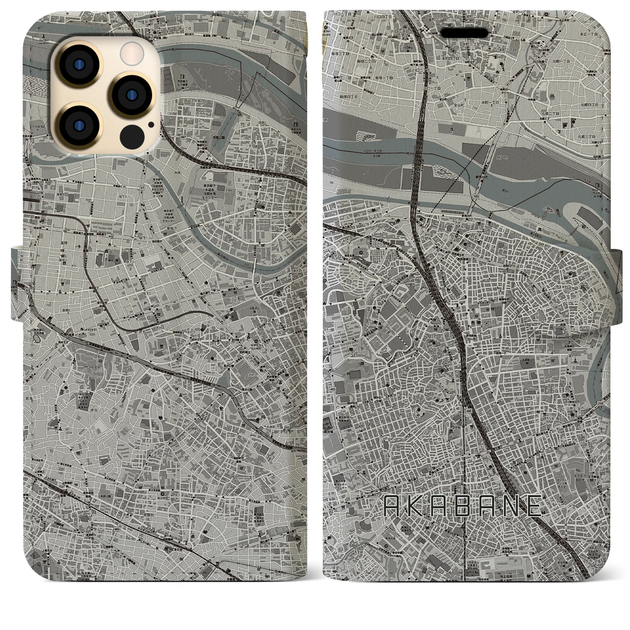 【赤羽(東京都)】地図柄iPhoneケース(手帳タイプ)モノトーン・iPhone 12 Pro Max 用