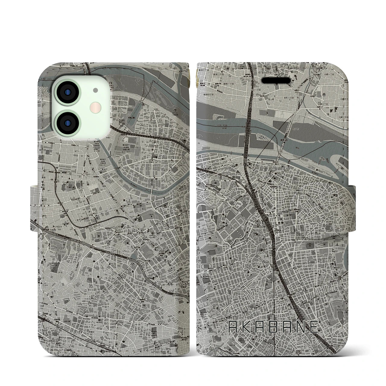 【赤羽(東京都)】地図柄iPhoneケース(手帳タイプ)モノトーン・iPhone 12 mini 用