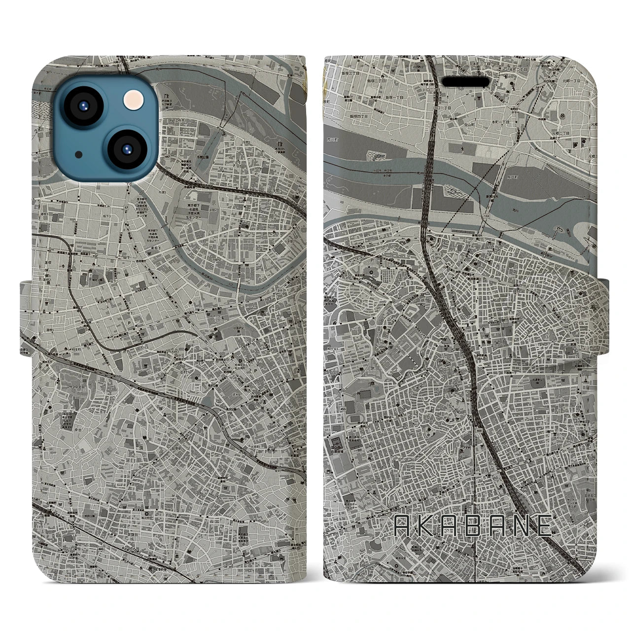 【赤羽(東京都)】地図柄iPhoneケース(手帳タイプ)モノトーン・iPhone 13 用
