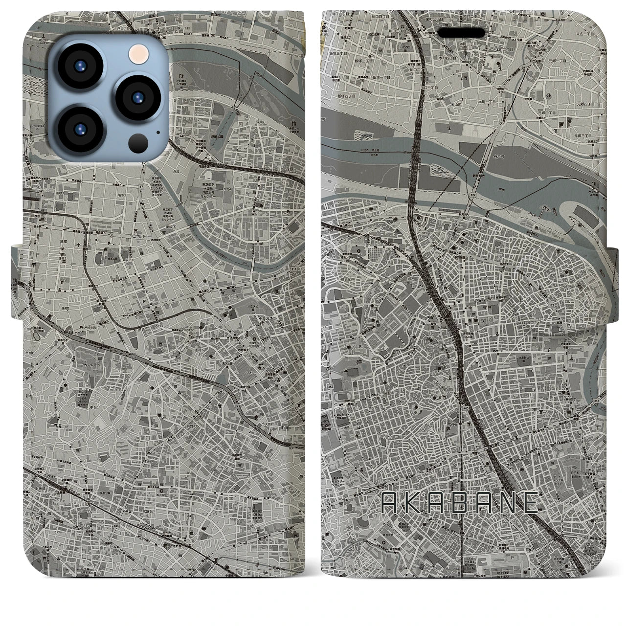 【赤羽(東京都)】地図柄iPhoneケース(手帳タイプ)モノトーン・iPhone 13 Pro Max 用