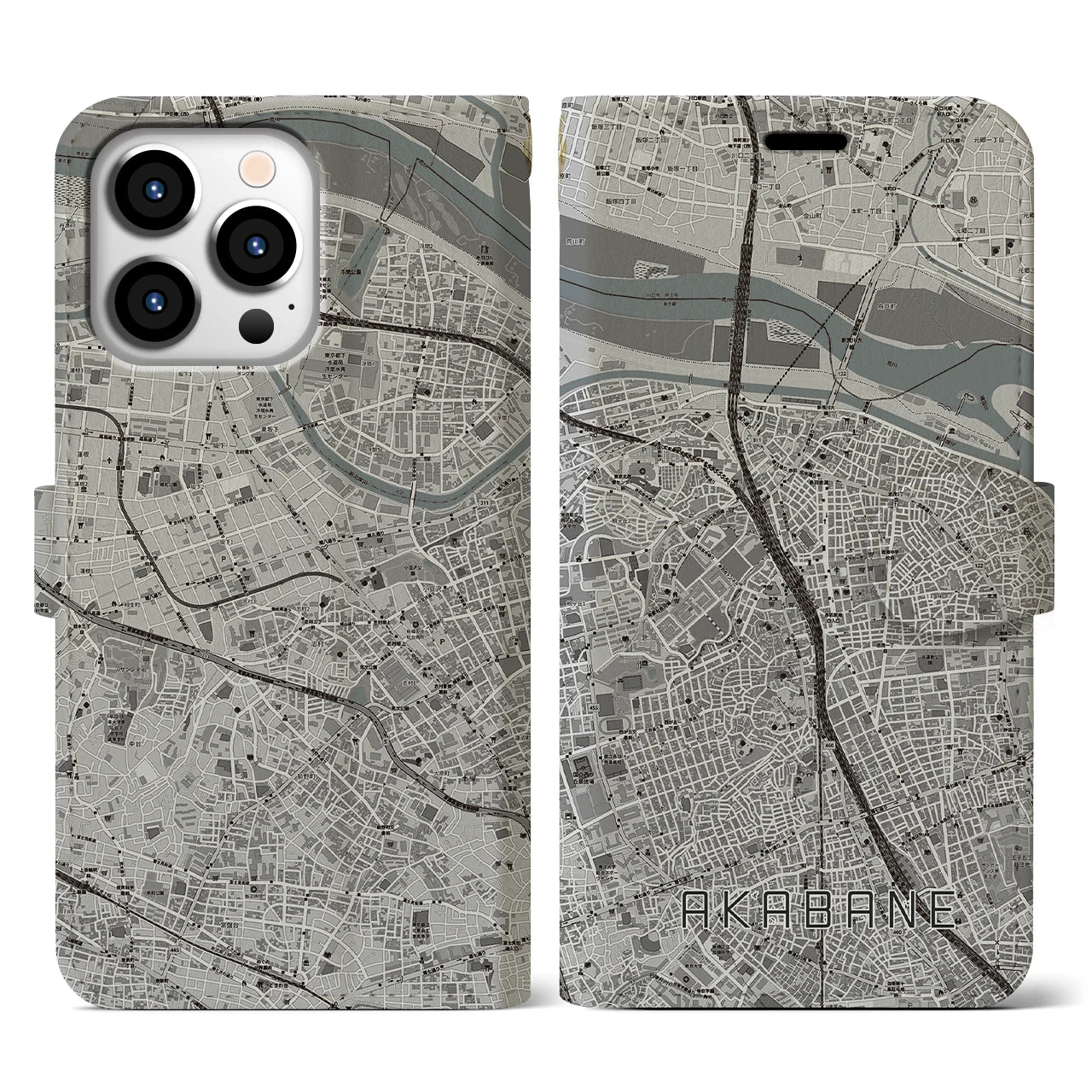 【赤羽(東京都)】地図柄iPhoneケース(手帳タイプ)モノトーン・iPhone 13 Pro 用