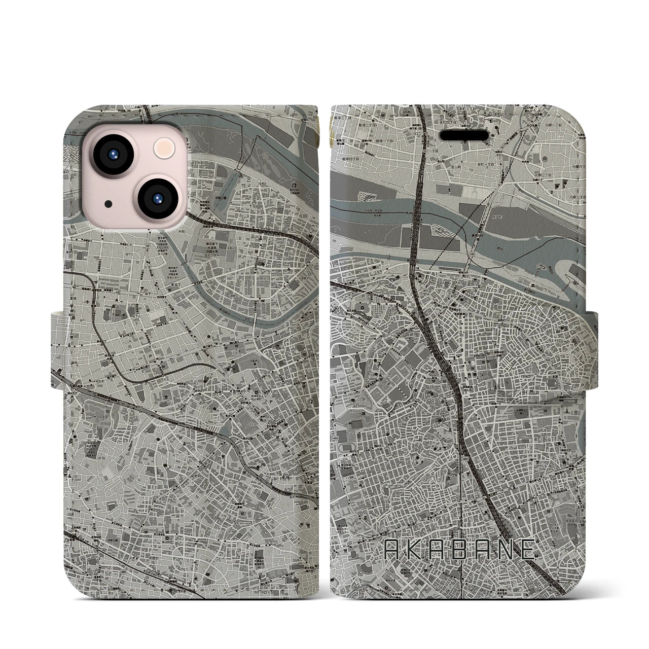 【赤羽(東京都)】地図柄iPhoneケース(手帳タイプ)モノトーン・iPhone 13 mini 用
