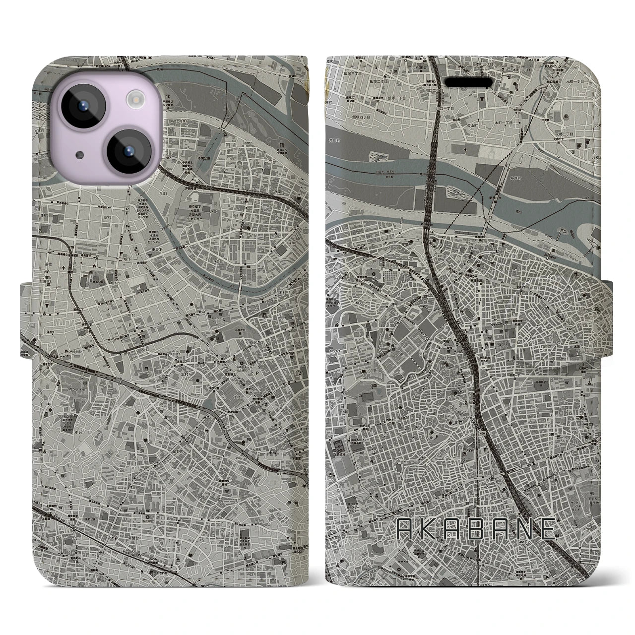 【赤羽(東京都)】地図柄iPhoneケース(手帳タイプ)モノトーン・iPhone 14 用