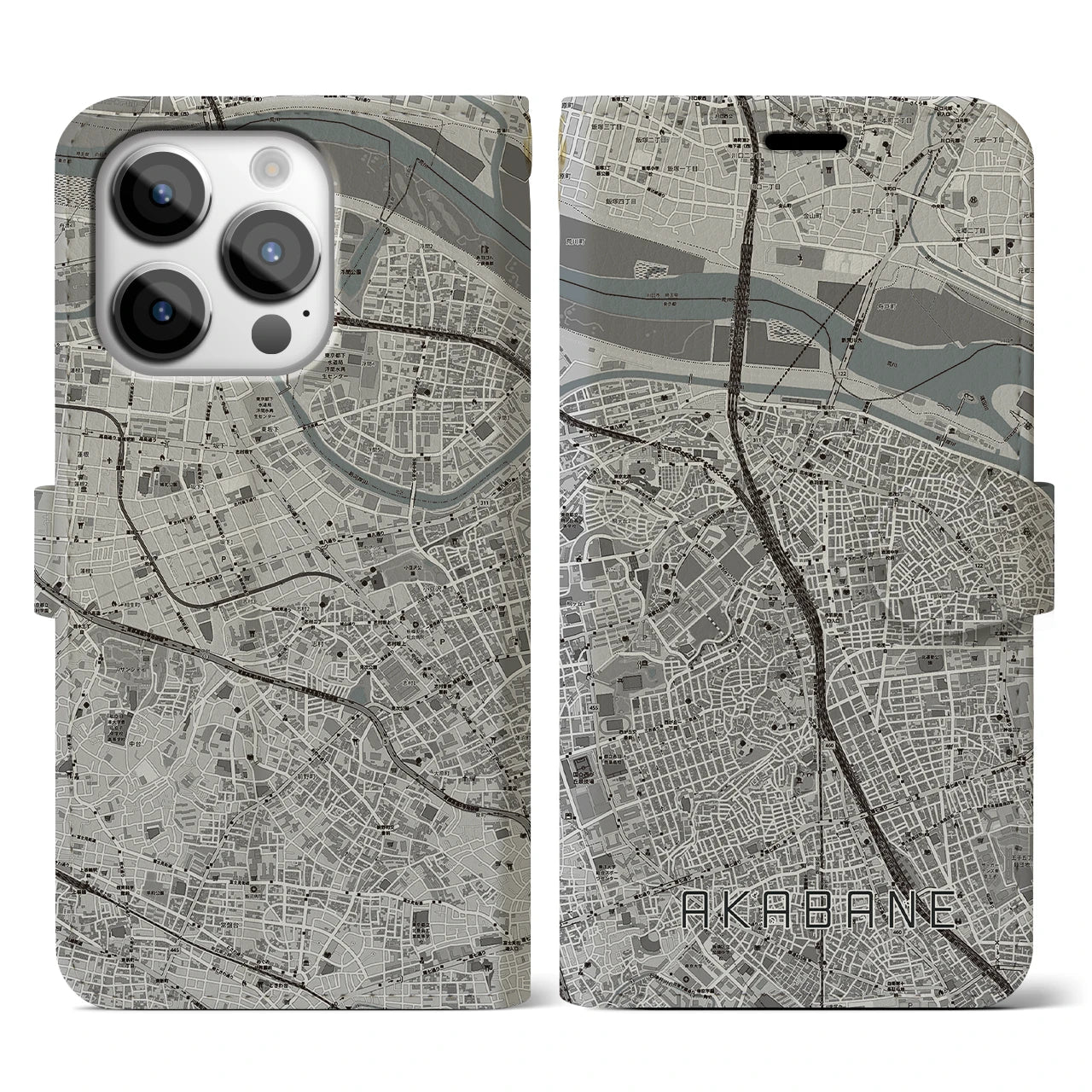 【赤羽(東京都)】地図柄iPhoneケース(手帳タイプ)モノトーン・iPhone 14 Pro 用
