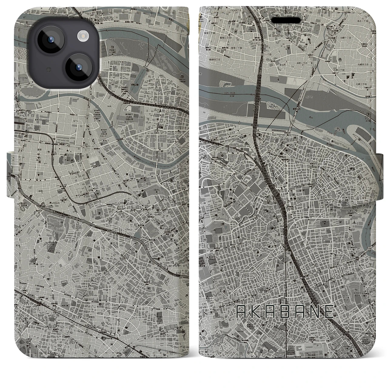 【赤羽(東京都)】地図柄iPhoneケース(手帳タイプ)モノトーン・iPhone 14 Plus 用