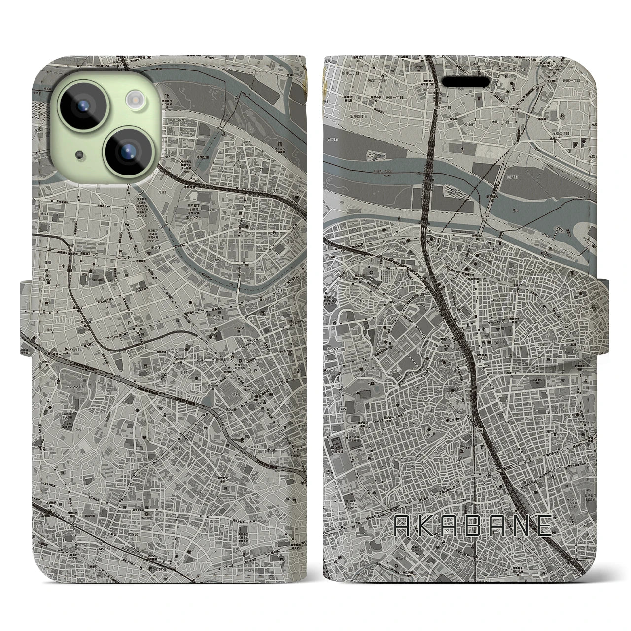 【赤羽(東京都)】地図柄iPhoneケース(手帳タイプ)モノトーン・iPhone 15 用