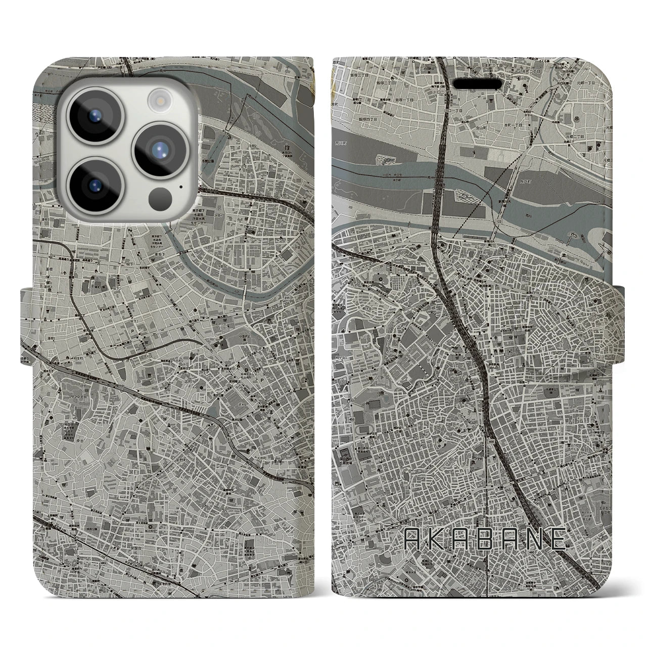 【赤羽(東京都)】地図柄iPhoneケース(手帳タイプ)モノトーン・iPhone 15 Pro 用