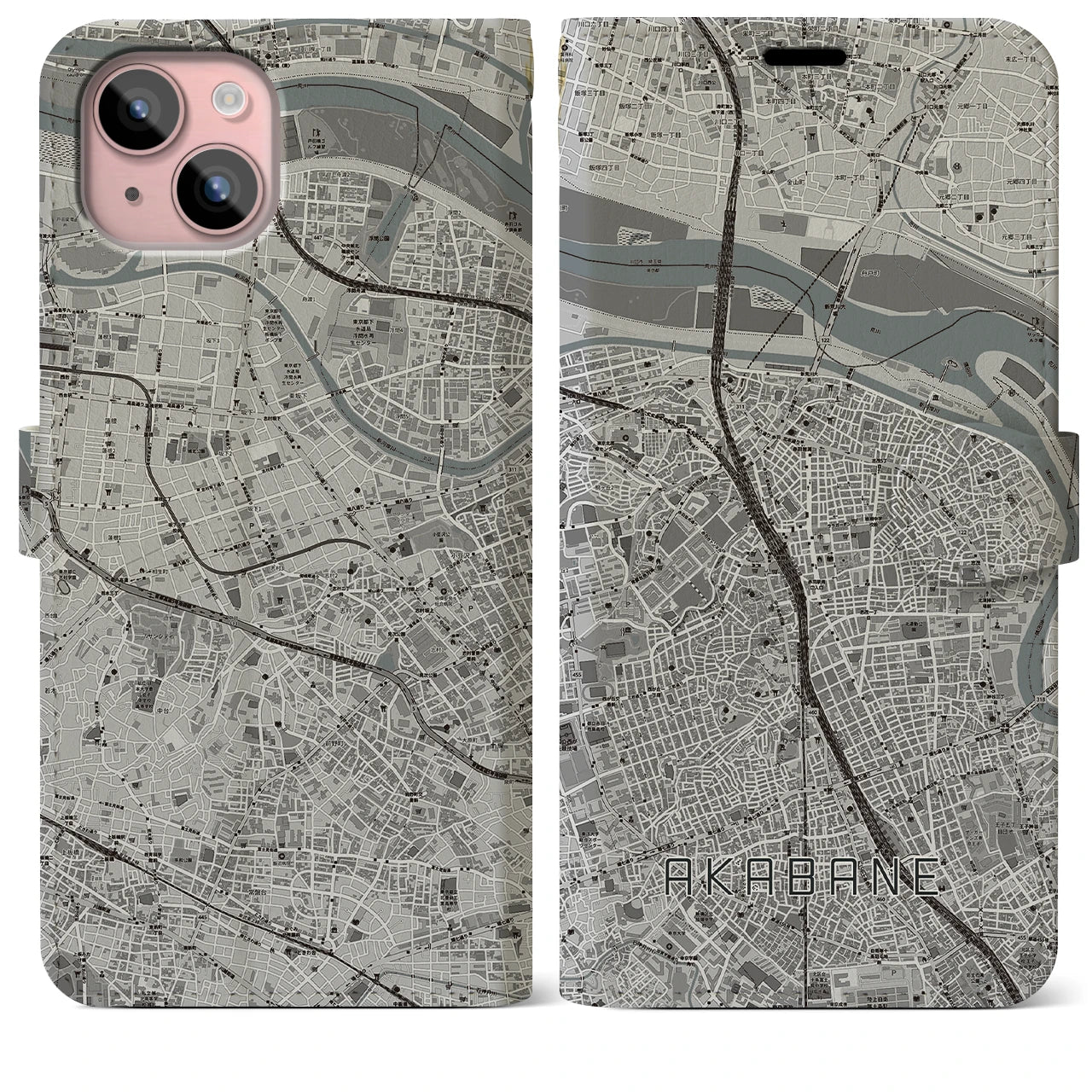【赤羽(東京都)】地図柄iPhoneケース(手帳タイプ)モノトーン・iPhone 15 Plus 用