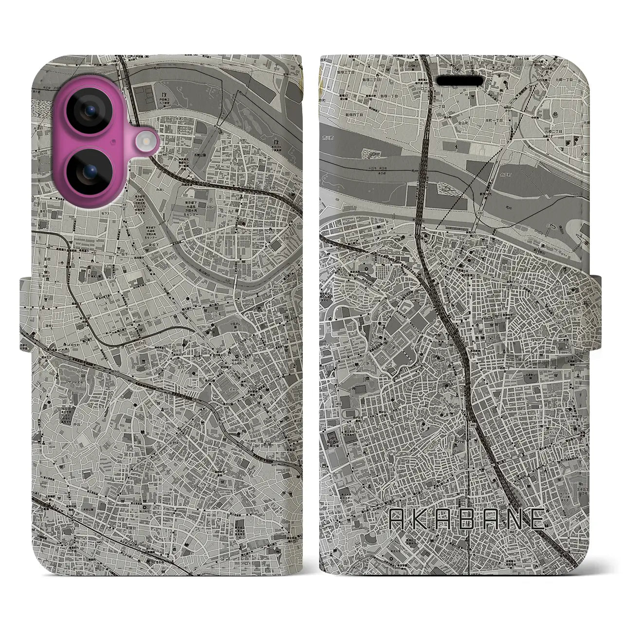 【赤羽(東京都)】地図柄iPhoneケース(手帳タイプ)モノトーン・iPhone 16 Pro 用