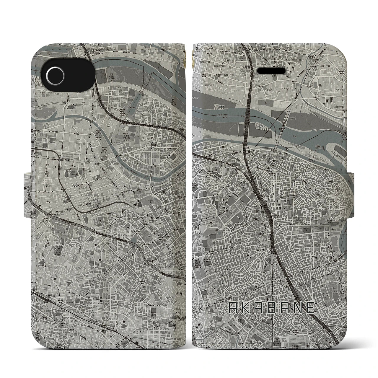 【赤羽(東京都)】地図柄iPhoneケース(手帳タイプ)モノトーン・iPhone SE(第3 / 第2世代) / 8 / 7 / 6s / 6 用