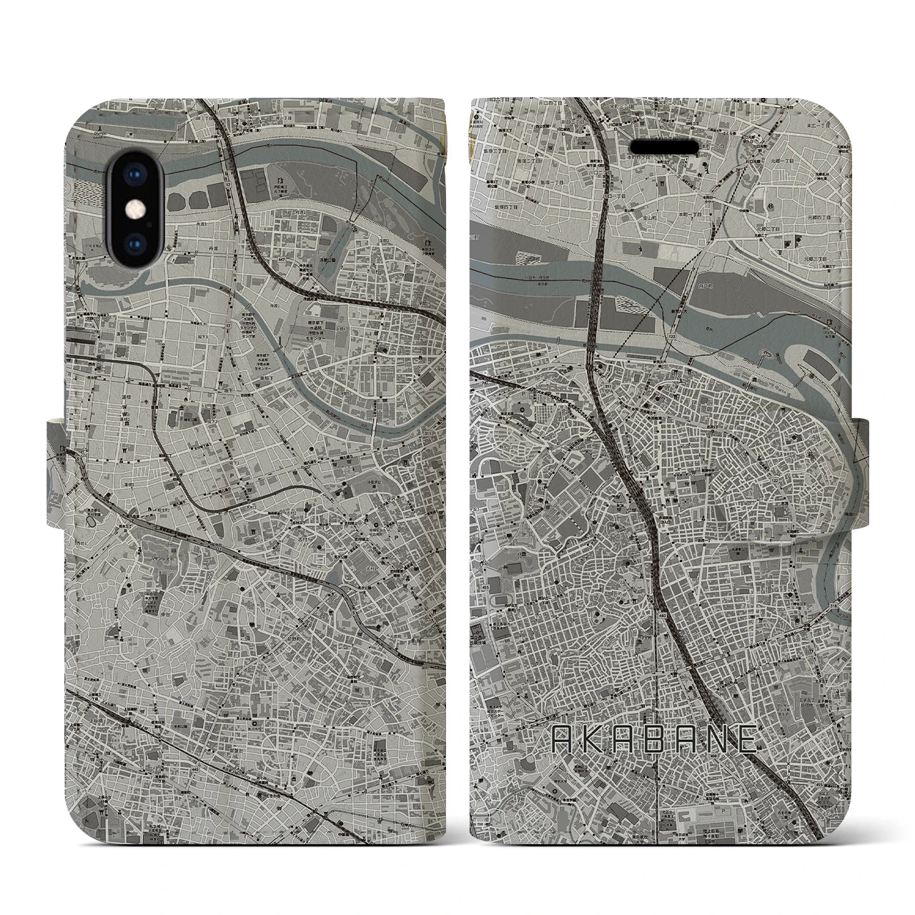 【赤羽(東京都)】地図柄iPhoneケース(手帳タイプ)モノトーン・iPhone XS / X 用