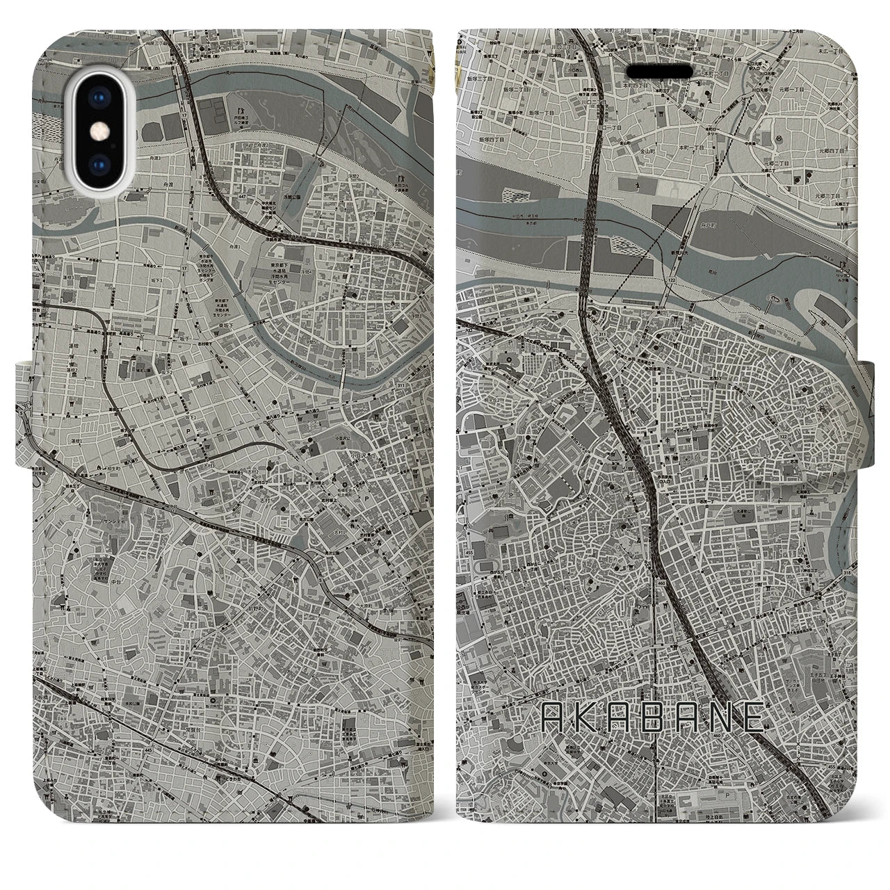 【赤羽(東京都)】地図柄iPhoneケース(手帳タイプ)モノトーン・iPhone XS Max 用