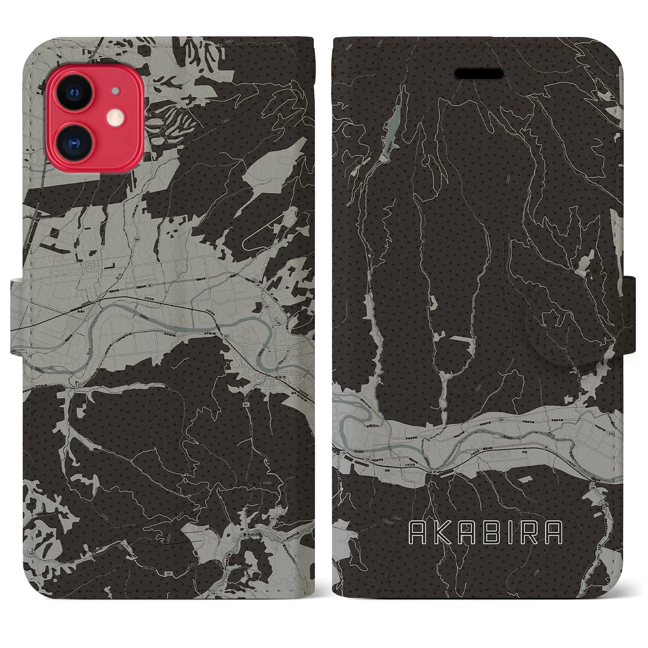 【赤平(北海道)】地図柄iPhoneケース(手帳タイプ)モノトーン・iPhone 11 用