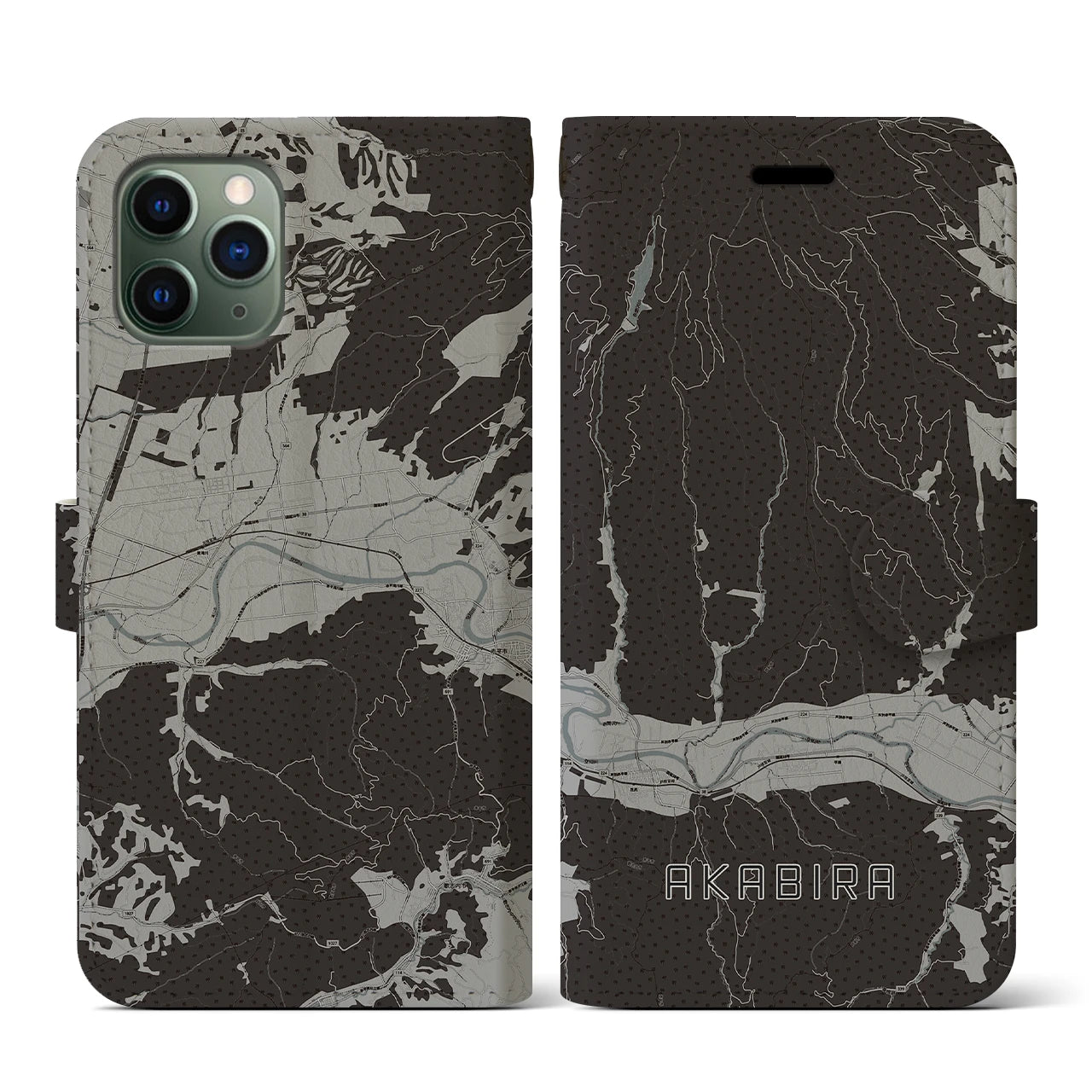 【赤平(北海道)】地図柄iPhoneケース(手帳タイプ)モノトーン・iPhone 11 Pro 用