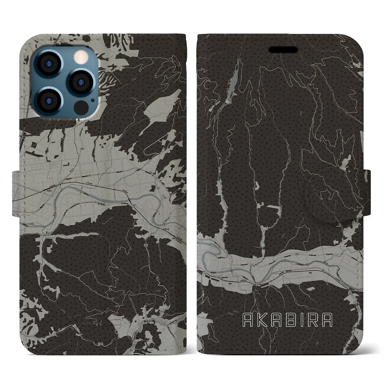 【赤平(北海道)】地図柄iPhoneケース(手帳タイプ)モノトーン・iPhone 12 / 12 Pro 用